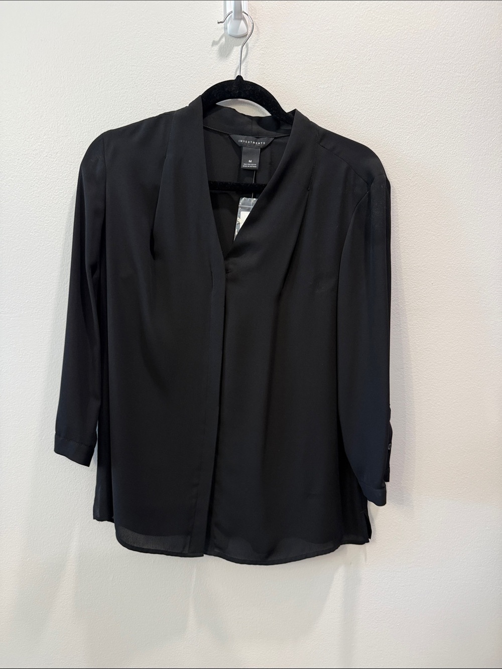 Investments Black Draped V-Neck 3/4 Sleeve Blouse Sz M NWT